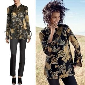Lafayette 148 Desra Tunic Top Tie Sleeve Semi Sheer Paisley Floral Size Large